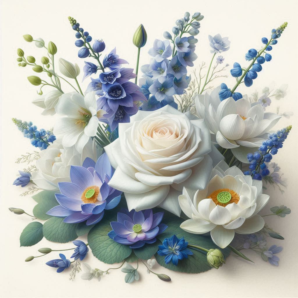 white rose, delphinium, lotus, water lily, blue violet bouquet